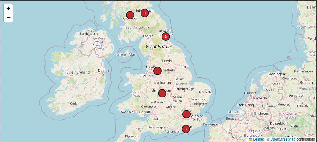 A map of Great Britain and Ireland, with part of the Netherlands and Belgium on the right, showing Collr’s events map. Red circular pins mark where events are listed: a cluster of 3 near Edinburgh one pin near Glasgow a cluster of 2 near Newcastle one pin near Manchester one pin near Birmingham one